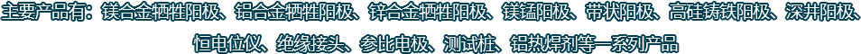 主要產(chǎn)品有：鎂合金犧牲陽(yáng)極、鋁合金犧牲陽(yáng)極、鋅合金犧牲陽(yáng)極、鎂錳陽(yáng)極、帶狀陽(yáng)極、高硅鑄鐵陽(yáng)極、深井陽(yáng)極、恒電位儀、絕緣接頭、參比電極、測(cè)試樁、鋁熱焊劑等一系列產(chǎn)品